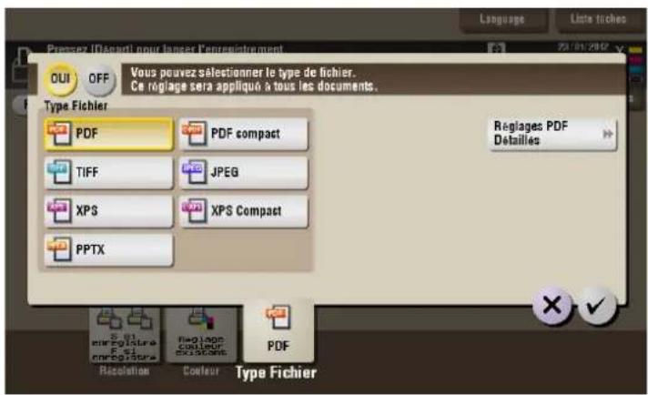 Pressez ID(enanti pour länger l'enregistrement OU OFF Vous pouvez sélectionner le type de fichier. Ce réglage sera appliqué à tous les documents. Type Fichier PDF PDF compact TIFF JPEG XPS XPS Compact PPTX Reglages PDF Detailles S. E. eir E filra F. S. enrefoire Reglages Coulou Cousons PDF Resolution Couleur Type Fichier