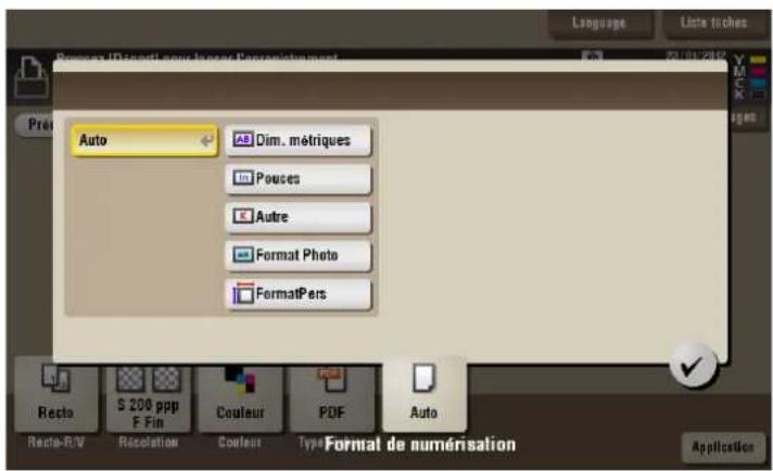 Language Liste toches Presets ID cardi pour logres Environnement Auto Dim. métriques Pouces Autre Format Photo FormatPers Recto S 200 ppp F Fin Couleur PDF Auto Recto-R/V Resolution Couleur Type Format de numérisation Application