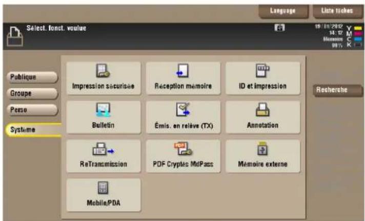 Language Liste tiches Select. fonct. voulue Publique Groupe Perse Systeme Impression sécurisée Reception memoire ID et impression Bulletin Émis. en relève (TX) Annotation ReTransmission PDF Cryptés MdPass Mémoire externe Mobile/PDA 19/01/2012 54:12 Mémoire 8875 K-1 Recherche