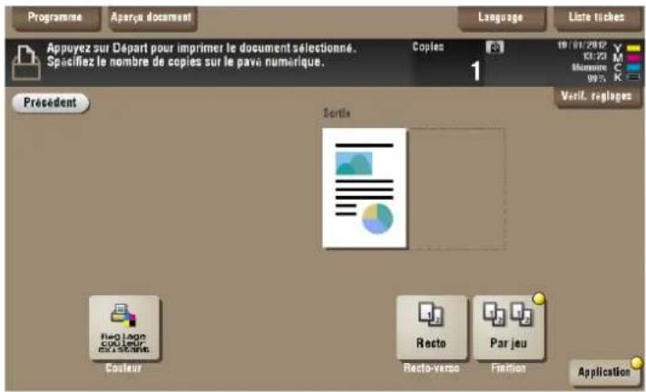 Programme Aparya document Language Liste fiches Appuyez sur Départ pour imprimer le document sélectionné. Spacifiez le nombre de copies sur le pava numérique. Copies 1 Précedent Sortis Verif. réglages Rep logo EU LEAVI EU SCENE Couleur Recto-verso Par jeu Friction Application