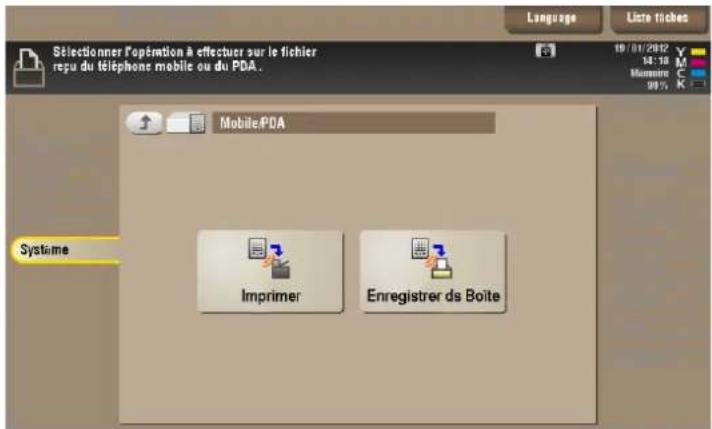 Sélectionner l'opération à effectuer sur le fichier regu du téléphone mobile ou du PDA. Language Liste tiches 10/01/2002 16:18 Monmoire 99% Mobile.PDA Système Imprimer Enregistrer ds Boite