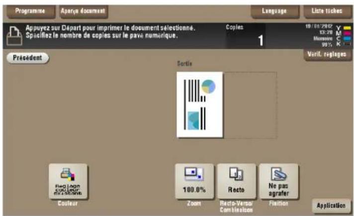 Appuyez sur Départ pour imprimer le document sélectionné. Spacifiez le nombre de copies sur le pava numérique. Copies 1 Précédent Sortie Verif. réglages Histogram 100.0% Zoom Recto-Versal Combinéztes Ne pas agrafer Couleur Zoom Recto-Versal Combinéztes Finition Application