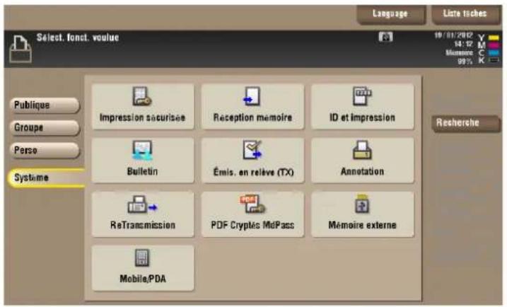 Language Liste tickes Select. font. vouue Publique Groupe Perso Systeme Impression sécurisée Reception memoire ID et Impression Bulletin Émis. en relève (TX) Annotation ReTransmission PDF Cryptés MdPass Mémoire externe Mobile.PDA 10/01/2012 14:22 Memoire C 9975 K Rescherche