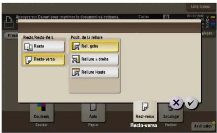 Appuyez sur Départ pour imprimer le document sélectionné. Copies Présé Recto/Recto-Vers Recto Recto-verso Posit. de la reliure Rel. gche Reliure à droite Reliure Haute Couleurs Auto Papiers Rect-verso Décalage Finitions Application
