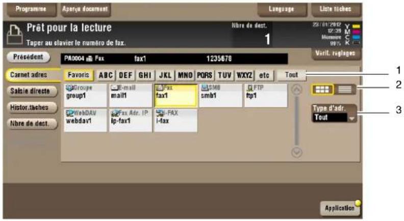Prêt pour la lecture Taper au clavier le numéro de fax. Présédent PA0004 Fax fax1 1235678 Carnet adres Favoris ABC DEF GHI JKL MNO PORS TUV WXYZ etc Tout Sable directe Histor.taches Nbre de dest. Groupe group1 E-mail mail1 fax1 SMB smb1 FTP WebDAV webdav1 Fax Adr, IP ip-fax1 -PAX i-fax Type d'adr. Tout Application