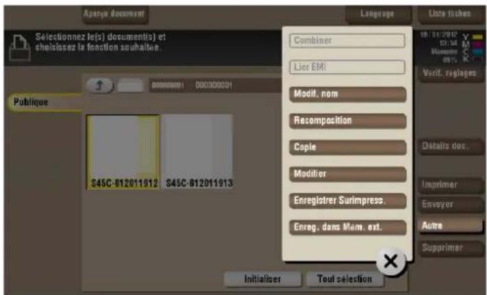Apare document Selectionnez le(s) document(s) et cheisissez la fonction souhaitez. Publique S45C-812011912 S45C-812011913 Language Combiner Lier EMI Modif. nom Recomposition Copie Modifier Enregistrer Surimpress. Enreg. dans Mom, ext. Initialiser Tout selection Liste listes 19/11/2012 M Moumm 0% Verif. reglages Details doc. Imprimer Envoyer Autre Supprimer