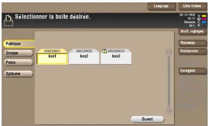 Sélectionner la boîte désirée. Language Liste tiches Publique Groupe Perse Système 000000001 box1 000000002 box2 000000003 box3 Nouveau Recherche Enregistrer. Ouvert
