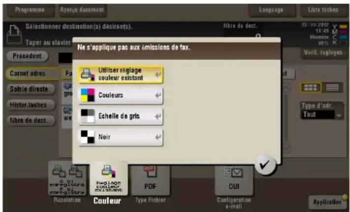 Programme Aquey document Language Lists tiches Sélectionner destination(s) désirée(s). Taper au clavier Précedent Carnet adres Salie directe Histor.aches Nbre de dest. Ne s'applique pas aux émissions de fax. Utiliser réglage couleur existant Couleurs Echelle de gris Noir Type d'adr. Tout Racolation Couleur PDF QUI Configuration e-mail Application