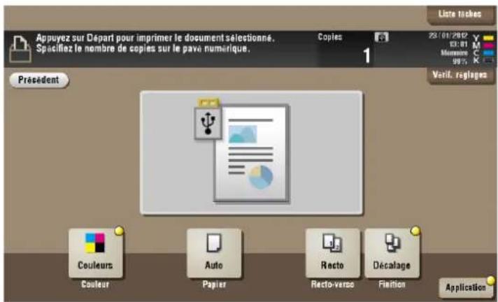 Appuyez sur Départ pour imprimer le document sélectionné. Spacifiez le nombre de copies sur le pavi numérique. Copies Liste Inches 25/01/2012 Mérain 98% Veril. réglages Présèdent Couleurs Auto Recto-verso Décalage Couleur Papier Friction Application