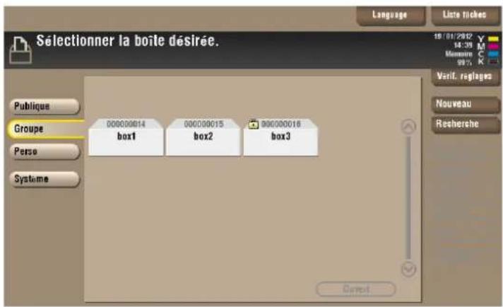 Sélectionner la boîte désirée. Language Liste tiches 19/01/2012 M Mennin K Verit. reglages Nouveau Recherche Publique Groupe Perse Systeme 000000014 box1 000000015 box2 900000016 box3 Cured