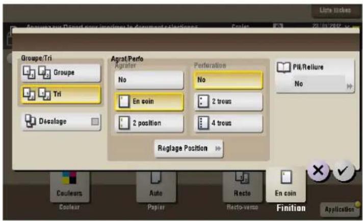 Appliers sur Desert pour inaction de document selection Groupe/Tri Groupe Tri Décalage Agrat/Perfo Agrater No En coin 2 position Perforation No 2 trous 4 trous Pill/Reilure No Reglage Position Couleurs Coulour Auto Papier Recto-Verse En coin Finition Application
