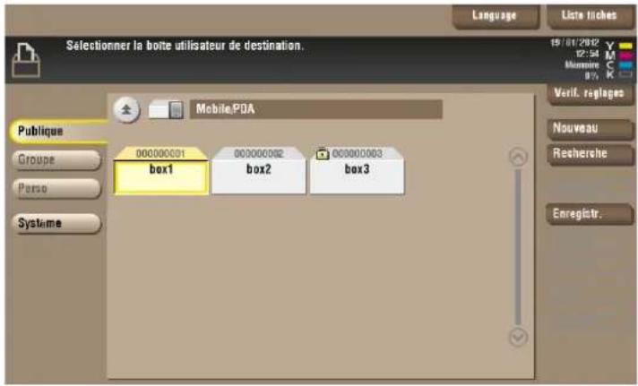 Selectionmer la boîte utilisateur de destination. Language Liste fiches 19/01/2002 02:54 Mérôme 80% Publique Groupe Perse Système Mobile.PDA 000000001 box1 000000002 box2 000000003 box3 Verit. régloges Nouveau Rescherche Enregistrer.