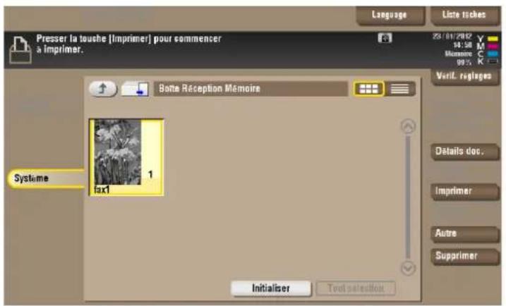Presser la touche [Imprimer] pour commencer a Imprimer. Botte Réception Mémoire Systeme fax1 Initialiser Tool selection Language Liste tiches 23/01/2012 18:50 Mémoire 09:5 Verif. logages Details doc. Imprimer Autre Supprimer