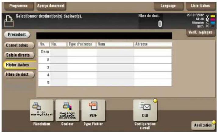Programme Apaya document Language Liste tiches Selectioner destination(s) désirée(s). Nbre de dest. 23/01/2002 14:34 Mérion 99% Président Verif. reglages Carnet adres No. No. Type d'adresse Nom Adresse Dern 2 3 4 5 Histor.taches Nbre de dest. Salsie directe 6.01 enregistré Regiagn couleur constant PDF OUI Resolution Couleur Type Fichier Configuration e-mail Application
