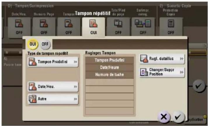 D) -Tampon/Surimpression Date/Heu. Numero Page Tampon Tatop/Pied Date/Heu Tate/Pied Date/Heu Surimpr eureg. E) -Securité Copy Protection Copy OFF OFF OFF OFF OFF OFF OUI OFF Type de tampon répétitif Tampon Prédefini Réglages Tampon Tampon Prédefini Date/Heue Numero de lache Regl. détaillés Changer/Suppr Position Date/Heu. Autre
