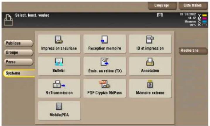 Language Lista tickes Sélect. font. vouue Publique Groupe Perso Systeme Impression sécurisée Reception memoire ID et Impression Bulletin Émis. en relève (TX) Annotation ReTransmission PDF Cryptías MdPass Mémoire externe Mobile.PDA 19/01/2017 14:12 Memoire 08% Rescherche