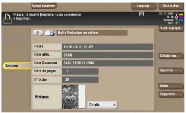 Aparéa document Language Liste tiches Presser la touche [Imprimer] pour sommener à imprimer. Boîte Emission an relève Heure 19/01/2012 12:59 Nom utilis. SCAN Nom Document 545C-612011912560 Nbre de pages 1 N° tache 36 Miniature Details Verif. réglages Systeme Improimer Autre Supprimer