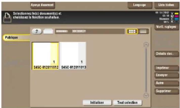 Aparay document Language Liste tiches Selectionnez le(s) document(s) et choisissez la fonction souhaites. Publique S45C-612011912 S45C-612011913 Initialiser Tout selection 1 1 19/01/2012 M Memein 90% Verit. réglages Details doc. Imprimer Envoyer Autre Supprimer