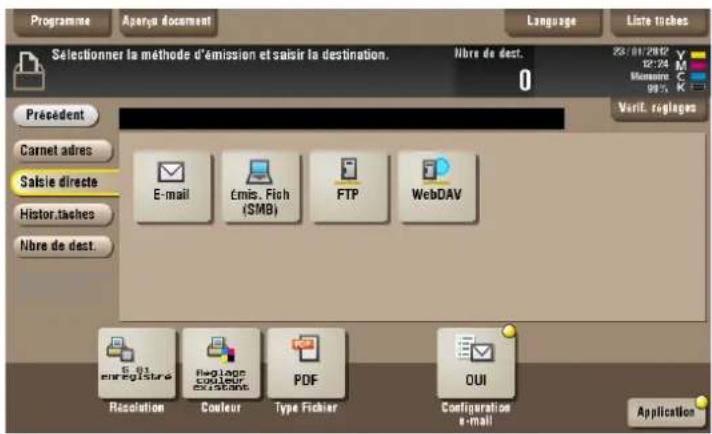 Programme Aparay document Language Liste inches Selectioner la méthode d'émission et saisir la destination. Nbre de dest. 28/01/2002 M M M M M M Président Carnet adres Saisie directe Histor.taches Nbre de dest. E-mail Emis. Fich (SMB) FTP WebDAV Enregistre Regione Coeurier Occisions PDF OUI Resolution Couleur Type Fichier Configuration e-mail Application