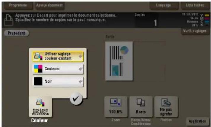 Appuyez sur Départ pour imprimer le document sélectionné. Spacifiez le nombre de copies sur le pavi numérique. Copies 1 President Sortis Utiliser réglage couleur existant Couleurs Noir Recycle 100.0% Zoom Resto-Vernar Combléctique Ne pas agrafter Application
