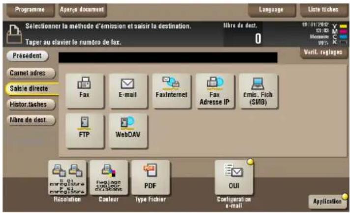 Programme Aparéa document Language Liste tiches Selectionner la méthode d'émission et saisir la destination. Taper au clavier le numéro de fax. Libre de dest. 0 Présèdent Carnet adres Saisie directe Histor.taches Nbre de dest. Fax E-mail FaxInternet Fax Adresse IP Emis. Fich (SMB) FTP WebDAV Récolution Couleur PDF OUI Configuration e-mail Application