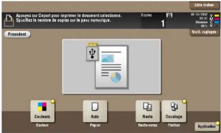 Appuyez sur Départ pour imprimer le document sélectionné. Spacifiez le nombre de copies sur le pavo numérique. Copies 1 Liste tiches 10/01/2012 M Mmeire 99% Veril. réglages Président Couleurs Auto Recto Décalage Couleur Papier Recto-verso Fixition Application