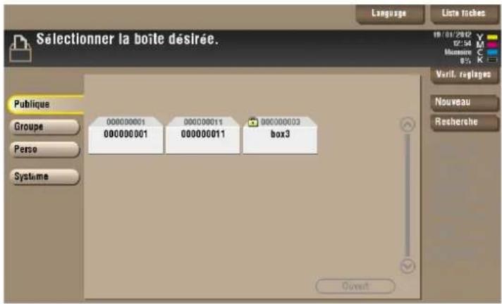 Sélectionner la boîte désirée. Language Liste fiches 19/01/2002 02:54 Moussin 8% Verit. régèges Nouveau Rescherche Publique Groupe Perso Système 000000001 000000001 000000011 000000011 box3 Ouvert