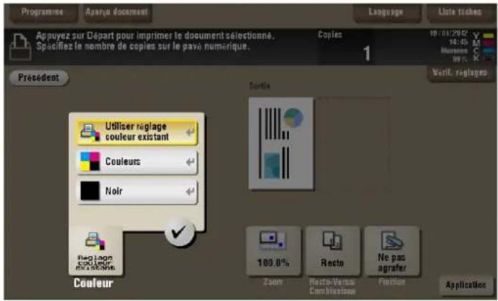 Appuyez sur Départ pour imprimer le document sélectionné. Spacifiez le nombre de copies sur le pavo numérique. Copies 1 Préséident Sortie Utiliser réglage couleur existant Couleurs Noir Coulour 100.0% Zoom Recto-Versue Combitions Ne pas agrafer Fusion Application