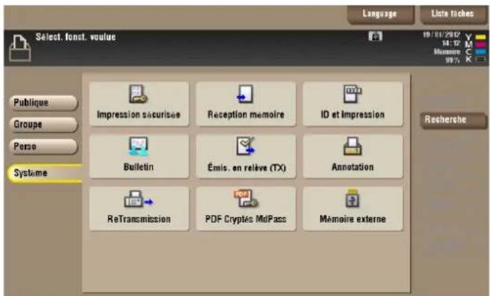 Language Liste tiches Select. fonct. voulue Publique Groupe Perse Systeme Impression sécurisée Reception memoire ID et impression Bulletin Émis. en relève (TX) Annotation ReTransmission PDF Cryptés MdPass Mémoire externe 10/01/2012 04:32 Memoire 99% Recherche