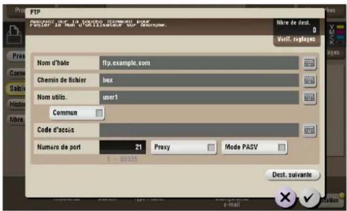FTP Appulant sur la toucho (comment) pour Félier le Non d'utilisateur sur Anonyme. Nère de dest. Varif. replages Nom d'hote ftp.example.com Chemin de fichier box Nom utilis. user1 Commun Code d'accis Numero de port 21 Proxy Mode PASV Dest. suivante × ✓ Initiation