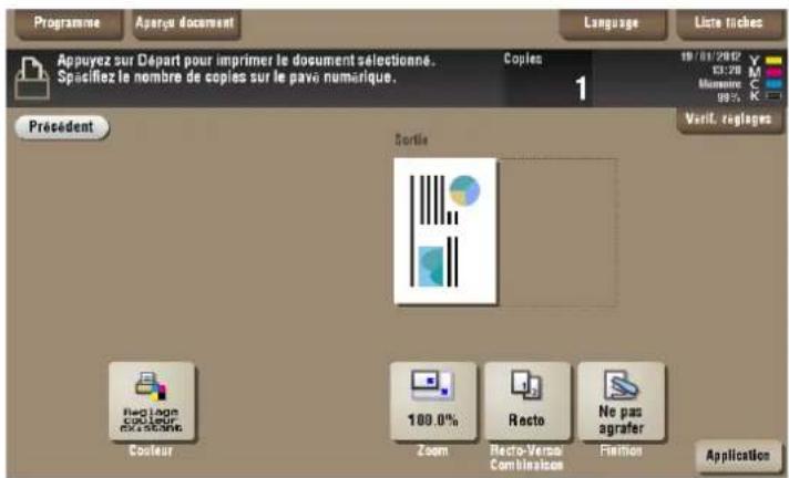 Appuyez sur Départ pour imprimer le document sélectionné. Spacifiez le nombre de copies sur le pavo numérique. Copies 1 Présédent Sortie Verif. reglages Reg logo 100.0% Zoom Recto-Versal Combinées Finitions Ne pas agrafer Couleur Zoom Recto-Versal Combinées Finitions Application