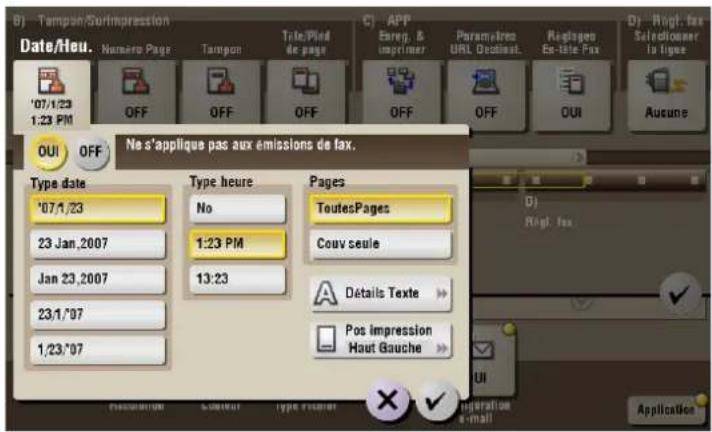 B) Tampon/SurImpression Date/Heu. Nursero Page Tampon Trio/Pind de page C) APP Energ. & imprimer Paramètres URL Declines Reçlopes Ex-tite Pax D) Rngl. fax Selectioner la ligne 07/1/23 1:23 PM OFF OFF OFF OFF OFF OUI Aucune OUI OFF Ne s'applique pas aux émissions de fax. Type date 07/1/23 Type heure No Pages ToutesPages Couv seule Dj Rngl. fax 23 Jan,2007 1:23 PM Jan 23,2007 13:23 A Détails Texte > 23/1/97 Pos impression Haut Gauche > 1/23/97 UI Application