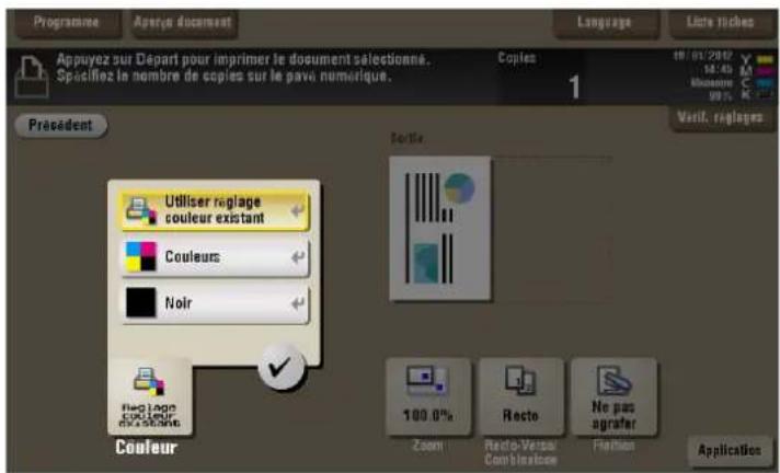 Appuyez sur Départ pour imprimer le document sélectionné. Spacifiez le nombre de copies sur le pavi numérique. Président Utiliser réglage couleur existant Couleurs Noir Rec Logon Coulour Extricate Couleur 100.0% Zoom Recto No pas agrafer Application 1 Language Liste niches 10/01/2002 16:45 Mimmin 98% Verif, réglages 1