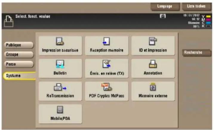 Language Liste tiches Select. font. voulue Publique Groupe Perso Systeme Impression sécurisée Réception mémoire ID et Impression Bulletin Émis. en relève (TX) Annotation ReTransmission PDF Cryptés MdPass Mémoire externe Mobile.PDA 19/01/2012 14:12 Mérieure 89% Rescherche