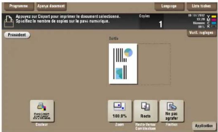 Appuyez sur Départ pour imprimer le document sélectionné. Spacifiez le nombre de copies sur le pava numérique. Copies 1 Précedent Sortie Veril. reglages Recycle COLDUP EXCELLENS 100.0% Zoom Recto-Versal Combinises Ne pas agrafer Colour Finitions Application