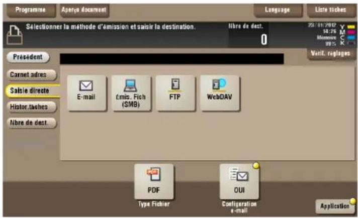 Programme Aparc document Language Liste tiches Selectionner la méthode d'émission et saisir la destination. Libre de dest. 2017/01/2002 54:26 Monmoire 89% Précedent Carnet adres Saisie directe Histor.taches Nbre de dest. E-mail Emis. Fich ($MB) FTP WebDAV PDF Type Fichier OUI Configuration e-mail Application