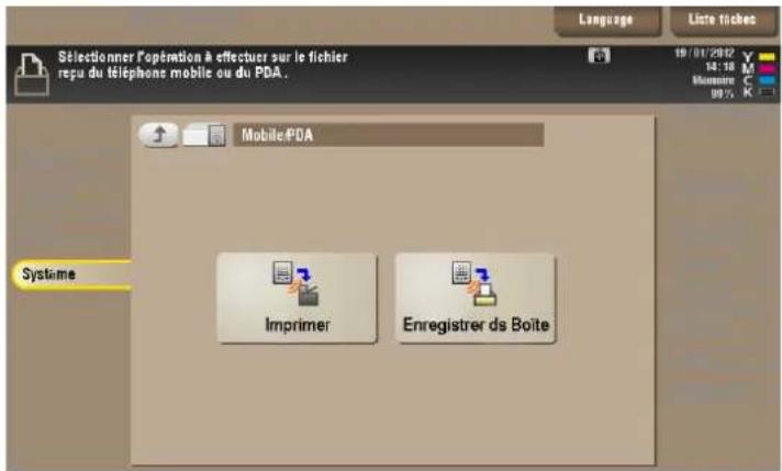Sélectionner l'opération à effectuer sur le fichier reçu du téléphone mobile ou du PDA. Language Liste tiches 19/01/2002 16:18 Maison 99% Mobile:PDA Système Imprimer Enregistrer ds Boite