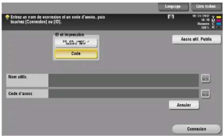 Entrez un nom de connexion et un code d'access, puis touchez [Connexion] ou [ID]. Language Liste inches 19/01/2022 14:10 Munein 100% Code ID et impression ID, CS AND Access Help Access util. Public Code Nom utilis. Code d'access Annuler Connexion