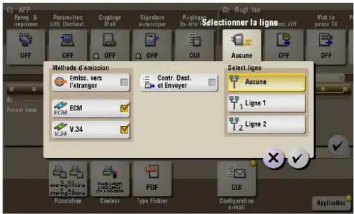 C) APP Enerq. & Inprimer Paramètres URL: Desinat. Cryptoge Mail Signatère numétrique Reglages En-fitré: D) Rogi tax Selectioner la ligne OFF OFF OFF OFF OUI Aucune OFF OFF Méthode d'émission Emiss. vers l'éltranger Contr. Dest. et Envoyer Select.ligne Aucune 1 Ligne 1 2 Ligne 2 ECM V.34 S.61 eire Future Environnement Regloup Contour Étiqués PDF OUI Récolation Couleur Type Fichier Configuration e-mail Application