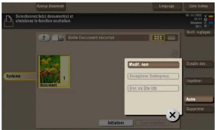 Aparia document Language Liste tickles Selectionnez le(s) document(s) et choisissez la fonction souhaites. Boite Document sécuris Systeme 1 document Modif. nom Enregistrer Surimpress Enr. de Bte Util Details doc. Impimer Autre Supprimer Initialiser Text selection