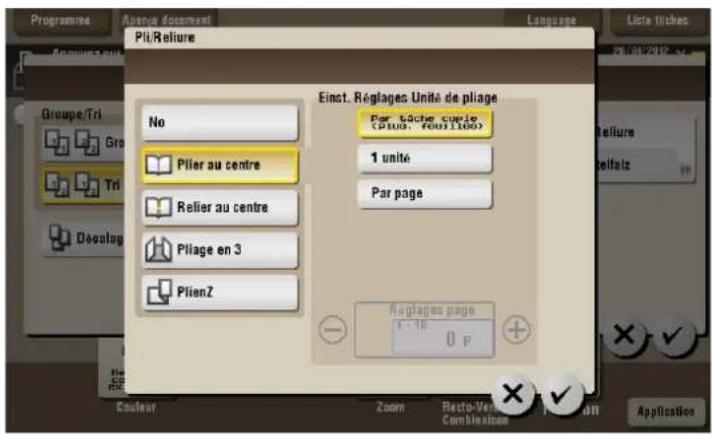 Programme Avec document Pli/Reliure Language Liste inches Groupe/Tri Grou Tri Descalag Einst. Régages Unité de pliage No Plier au centre 1 unité Par page Par laôche unité (PLUS, 4001160) Par page Plier au centre Relier au centre Pliage en 3 PlienZ Auglages page 1 - 10 0 P Coulier Zoom Resto-Ven Combiniser Applicatios