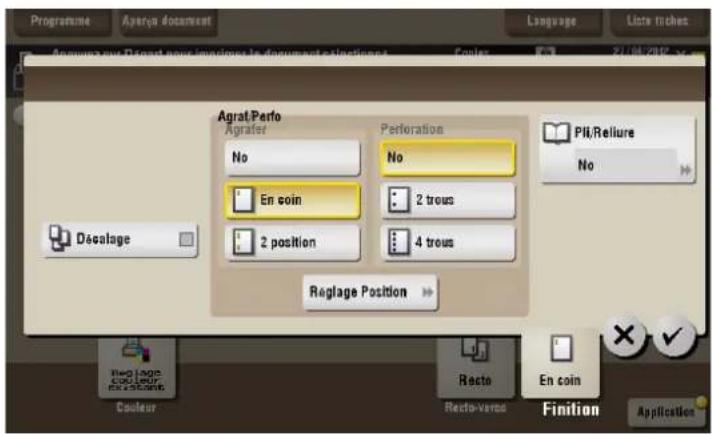 Programme Aperva document Language Liste inches Annouez out Descart pour invigent le document et étésion Fontes Pil/Reliure No Agrat/Perfo Agrafer Perforation No En coin 2 trous 2 position 4 trous Décalage Reglage Position Pil/Reliure No Reglage COLDOUT MÉGULÉS Racto En coin Finition Application