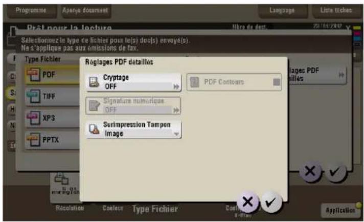Programme Apoya document Language Liste tiches Prest pour la lecture Selectionnez le type de fichier pour le(s) dec(s) envoyé(s). Ne a applique pas aux omissions de fax. Régages PDF détaillés Cryptage OFF PDF Contours Signature numérique OFF Surimpression Tampon Image Pages PDF allies Credation Coaleur Type Fichier Contour Application