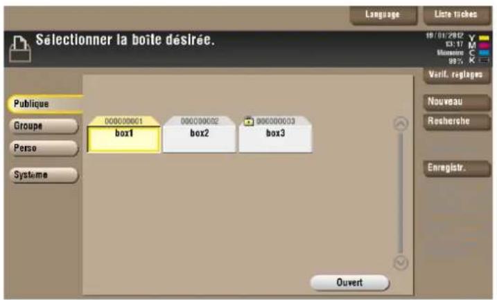 Sélectionner la boîle désirée. Publique Groupe Perse Systeme 000000001 box1 000000002 box2 box3 000000003 Language Ligne tiches 19/01/2012 63:17 Mérature 58% Varif. réglages Nouveau Rescherche Enregistrer... Ouvert