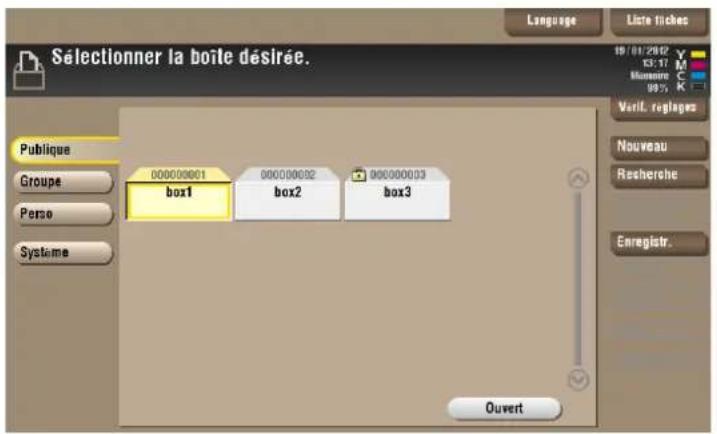 Sélectionner la boîle désirée. Publique Groupe Perso Systeme 000000061 box1 00000002 box2 box3 00000003 box3 Ouvert Language Liste fiches 19/01/2012 Y M C Mérie 99% Verif. régages Nouveau Rescherche Enregistr. Ouvert