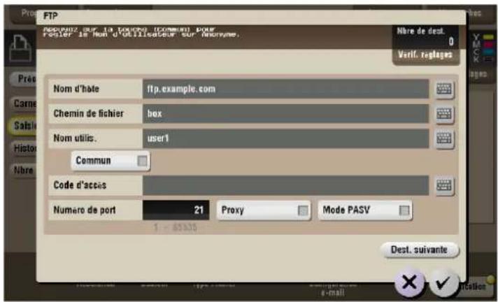 FTP RESUMES (SUP. 13 LOUENO [COMMUN] POUR FOSER !e Nom d'utilisateur sur Anonyme. Nère de dest. Verif. réglages Prés Carne Salis Historie Nbre Nom d'hote ftp.example.com Chemin de fichier box Nom utilis. user1 Commun Code d'accès Numero de port 21 Proxy Mode PASV Dest. suivante × ✓ Initiation