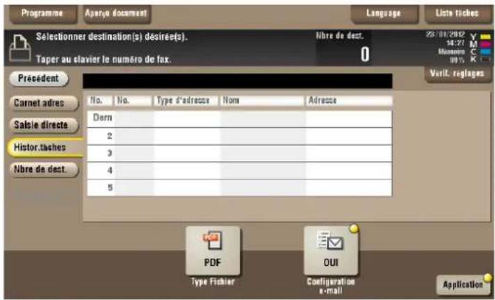 Programme Aparya document Language Liste fiches Selectionner destination(s) désirée(s). Taper au clavier le numéro de fax. Libre de dest. 23/01/2002 14:27 Mérôme 98% Président Carnet adres Salsie directe Histor.taches Nbre de dest. No. No. Type d'adresse Nom Adresse Dern 2 3 4 5 PDF Type Fichier OUI Configuration e-mail Application