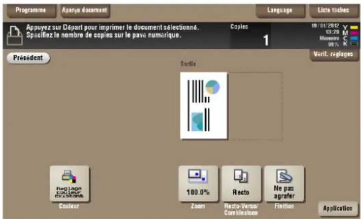 Programme Apervs document Language Liste tiches Appuyez sur Départ pour imprimer le document sélectionné. Copies 19/01/2012 13:20 Mérature 88% Préséident Sortie Veril. réglages Reg l'page Coulou 100.0% Zoom Recto-Versor Combinizes Ne pas agrafer Couleur Zoom Recto-Versor Combinizes Finition Application