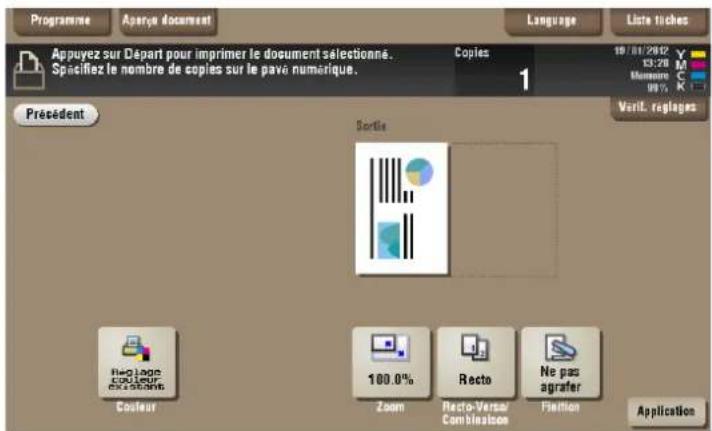 Programme Aparya document Language Liste tiches Appuyez sur Départ pour imprimer le document sélectionné. Spacifiez le nombre de copies sur le pava numérique. Copies 1 Présédent Sortie Verit. reglages HogLogo COCUPUR EXCELANS 100.0% Zoom Recto-Versar Combinimize Ne pas agrafer Coaleur Zoom Recto-Versar Combinimize Fiction Application