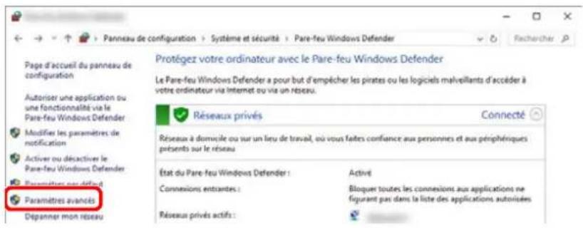 Panneau de configuration > Système et sécurité > Pare-feu Windows Defender Page d'accueil du panneau de configuration Autoriser une application ou une fonctionnalité via le Pare-feu Windows Defender Modify les paramètres de notification Activier ou déactiver le Pare-feu Windows Defender Paramètres avancés Dépanner mon réseau Protégez votre ordinateur avec le Pare-feu Windows Defender Le Pare-feu Windows Defender a pour but d'empêcher les pirates ou les logiciels malveillants d'accéder à votre ordinateur via Internet ou via un réseau. Réseaux privés Connecté Réseaux à domicile ou sur un lieu de travail, où vous faites confiance aux personnes et aux périphériques présents sur le réseau État du Pare-feu Windows Defender : Connexions entrantes : Réseaux privés actifs : Active Bloquer toutes les connexions aux applications ne figurant pas dans la liste des applications autorisées